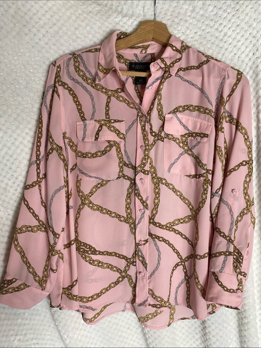 Investments Petites Pink Blouse with Gold Chain Print